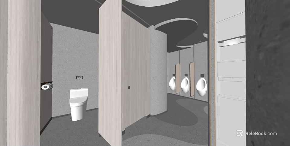 Public Restroom Interior Design With Modern Wooden Stalls Urinals And Gray Walls 3d model 