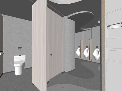 Public Restroom Interior Design With Modern Wooden Stalls Urinals And Gray Walls 3d model