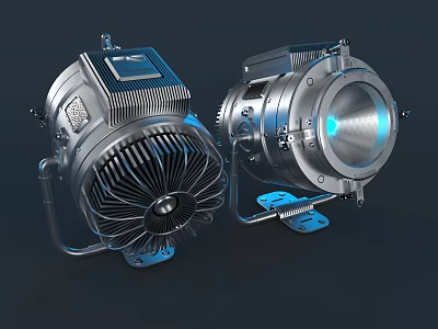 Silver Metallic Industrial Machinery Components With Precision Engineered Design And Blue Light Element 3d model