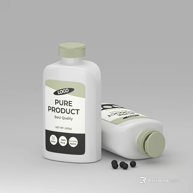 Medical Device White Bottle Featuring Pure Product Label Best Quality Certification Icons and Black Granules 3d model 