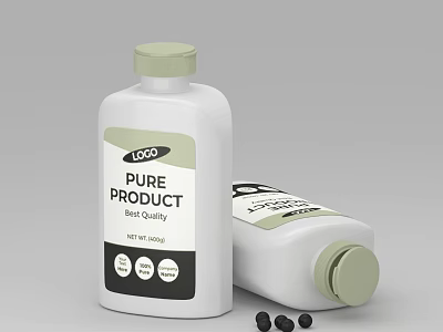 Medical Device White Bottle Featuring Pure Product Label Best Quality Certification Icons and Black Granules 3d model