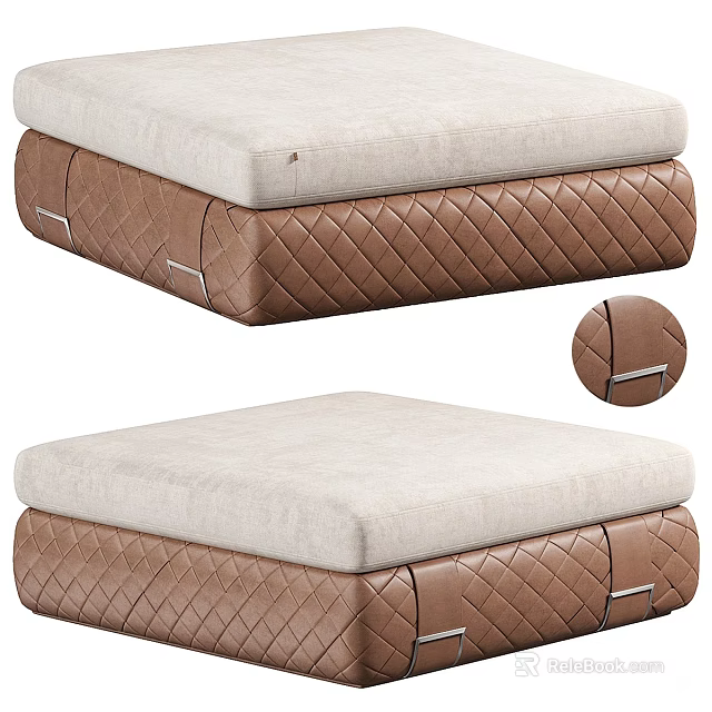 Brown Leather Ottoman Stool With Beige Cushion Quilted Pattern And Metal Buckles 3d model 