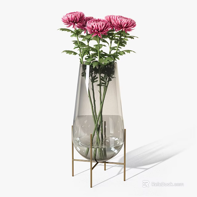Pink Flowers Arrangement in Transparent Glass Vase with Gold Metal Stand 3d model 
