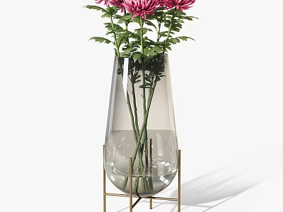 Pink Flowers Arrangement in Transparent Glass Vase with Gold Metal Stand 3d model
