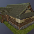 Traditional Japanese House with Sloped Tile Roof Wooden Structure and Green Grass Area