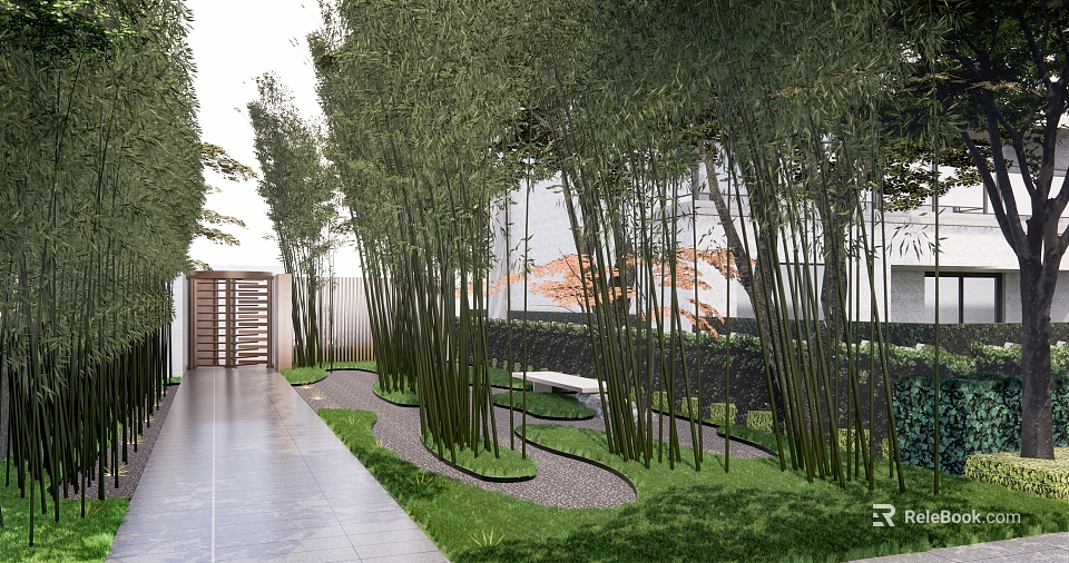 Residential Landscape Design With Bamboo Trees Winding Gravel Path And Green Lawn 3d model 