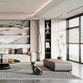 Modern Living Room Interior With Beige Sofa Black Coffee Table Geometric Rug And Floor Lamp