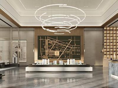 Modern Sales Office Lobby With Circular Chandeliers Architectural Model Display And Elegant Decor 3d model