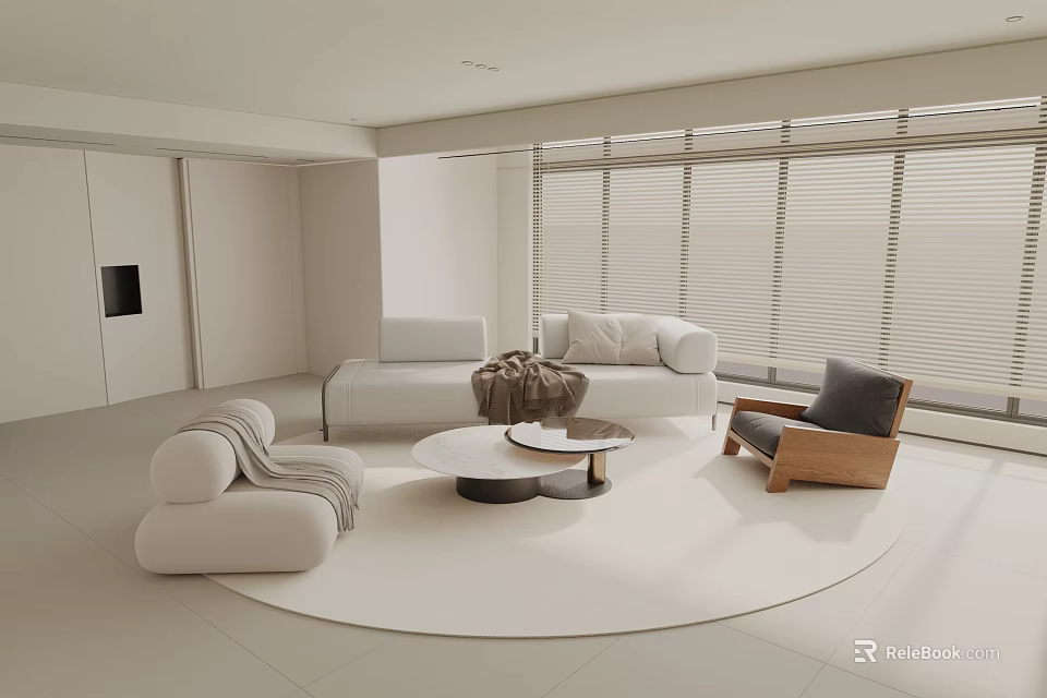 Minimalist Living Room Interior With White Sofas Wooden Chair Round White Rug And Window Blinds 3d model 