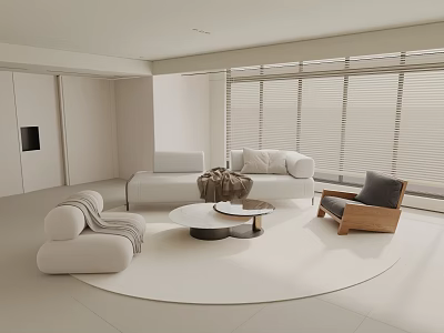 Minimalist Living Room Interior With White Sofas Wooden Chair Round White Rug And Window Blinds 3d model