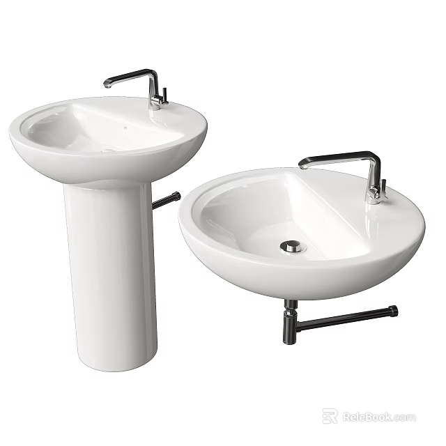 White Ceramic Pedestal and Wall Mounted Washbasins with Chrome Faucets 3d model 
