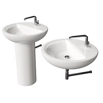 White Ceramic Pedestal and Wall Mounted Washbasins with Chrome Faucets 3d model
