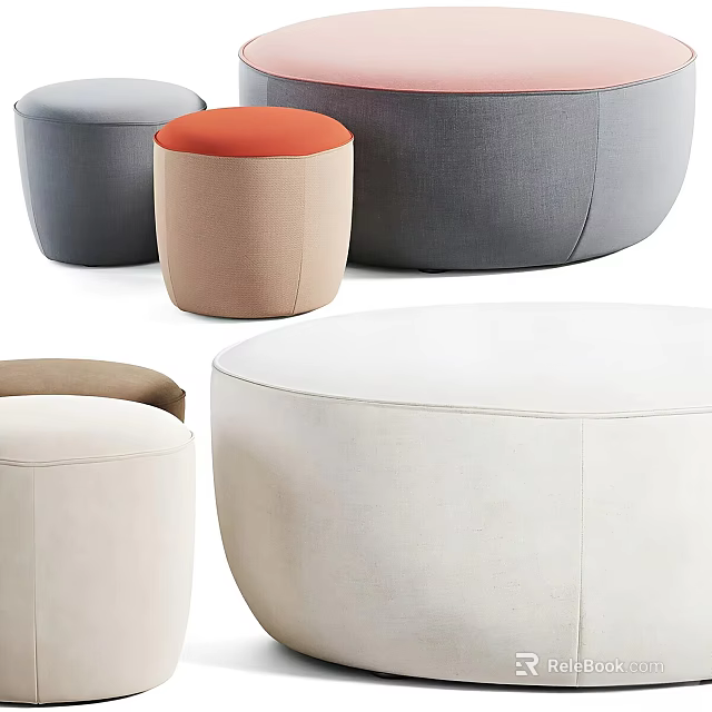 Modern Gray Orange Beige White Fabric Round Poufs With Soft Cushions For Home Decor 3d model 