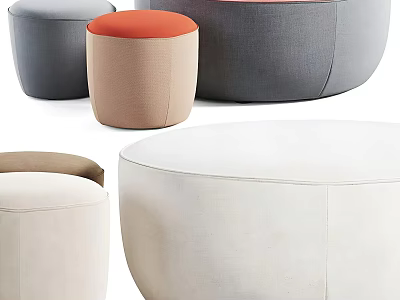 Modern Gray Orange Beige White Fabric Round Poufs With Soft Cushions For Home Decor 3d model