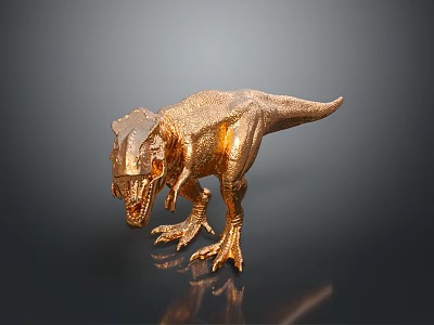 Golden Tyrannosaurus Rex Dinosaur Model With Textured Surface On Dark Reflective Background 3d model