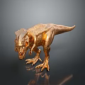 Golden Tyrannosaurus Rex Dinosaur Model With Textured Surface On Dark Reflective Background
