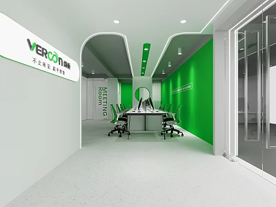 Modern Public Office Space with Green Walls Meeting Table Black Office Chairs and Glass Doors 3d model