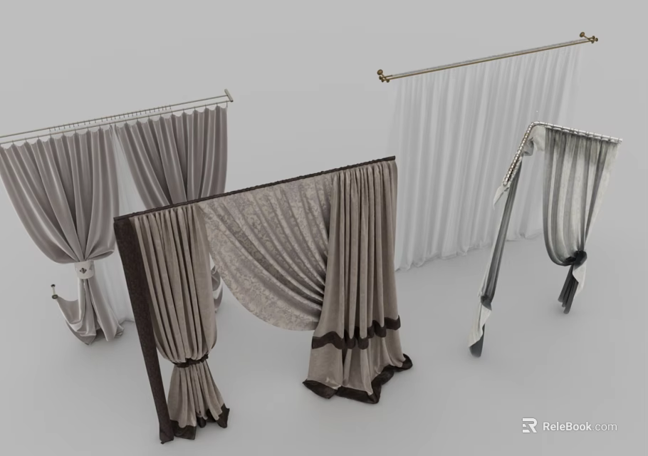 Stylish Curtains with Various Designs Gray White and Patterned Fabrics and Rods 3d model 
