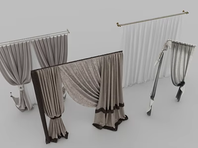 Stylish Curtains with Various Designs Gray White and Patterned Fabrics and Rods 3d model