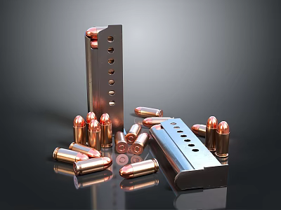 Firearm Magazines with Holes and Multiple Copper Bullets Scattered on Black Surface 3d model