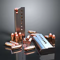 Firearm Magazines with Holes and Multiple Copper Bullets Scattered on Black Surface 3d model