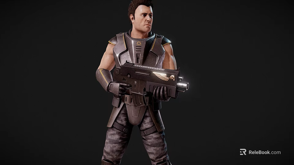 Man in Futuristic Tactical Armor Holding Large Sci Fi Rifle With Glowing Barrel 3d model 