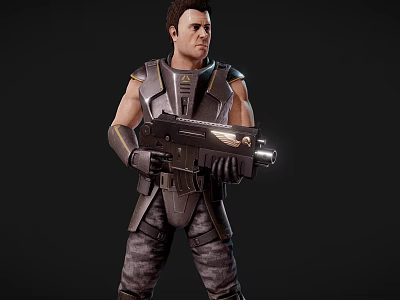 Man in Futuristic Tactical Armor Holding Large Sci Fi Rifle With Glowing Barrel 3d model