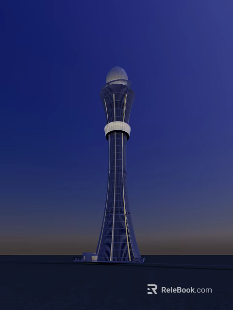 Modern Glass Tower With Spherical Top Illuminated Against Dark Blue Sky 3d model 