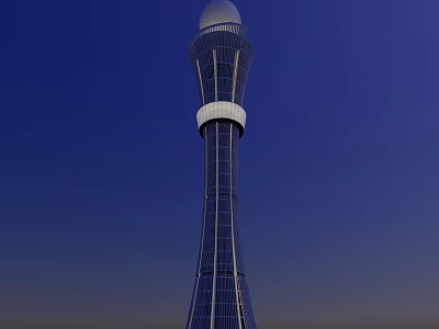 Modern Glass Tower With Spherical Top Illuminated Against Dark Blue Sky 3d model