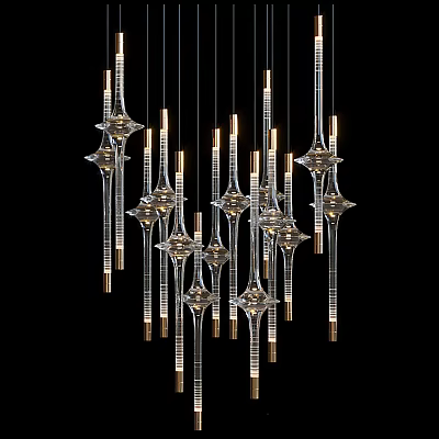 Elegant Modern Glass Chandelier With Multiple Star Shaped Pendants And Gold Accents 3d model