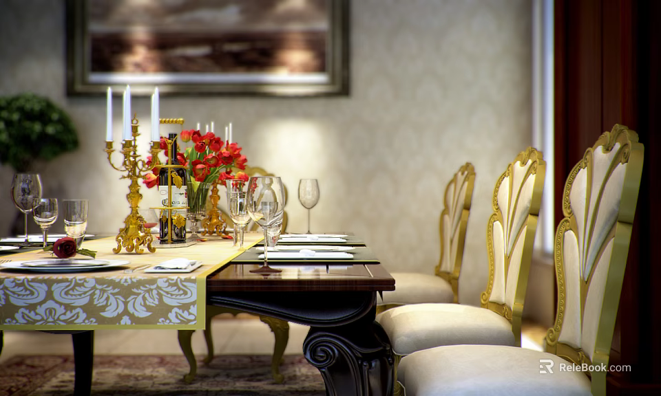 Elegant Dining Table Set With Golden Chairs Patterned Tablecloth Candelabra Red Flowers And Wine Glasses 3d model 