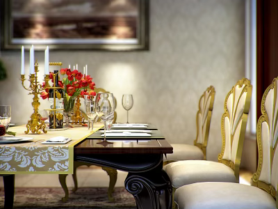 Elegant Dining Table Set With Golden Chairs Patterned Tablecloth Candelabra Red Flowers And Wine Glasses 3d model