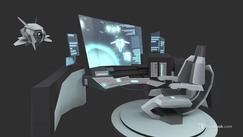 Futuristic Commercial Equipment High Tech Console With Multiple Displays And Ergonomic Chair 3d model 