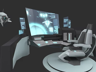 Futuristic Commercial Equipment High Tech Console With Multiple Displays And Ergonomic Chair 3d model