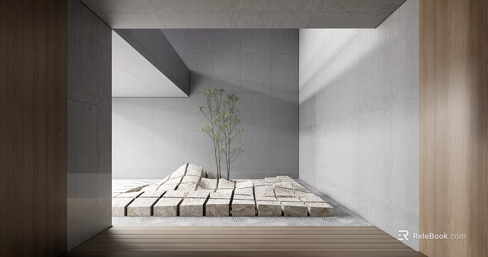 Garden Decor With Gray Concrete Walls Stone Slab Area Small Trees And Wooden Flooring 3d model 