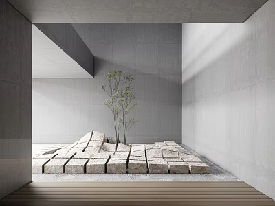 Garden Decor With Gray Concrete Walls Stone Slab Area Small Trees And Wooden Flooring 3d model