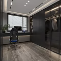 Modern Gray Bedroom Interior With Large Bed Round Rug Sofa Textured Headboard And Ceiling Lighting