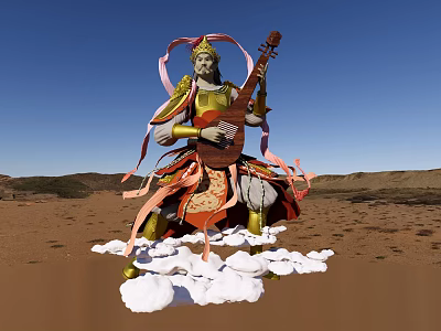 Armored Game Movie Character With Lute Flowing Ribbons On Cloud In Desert Blue Sky 3d model