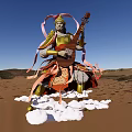 Armored Game Movie Character With Lute Flowing Ribbons On Cloud In Desert Blue Sky