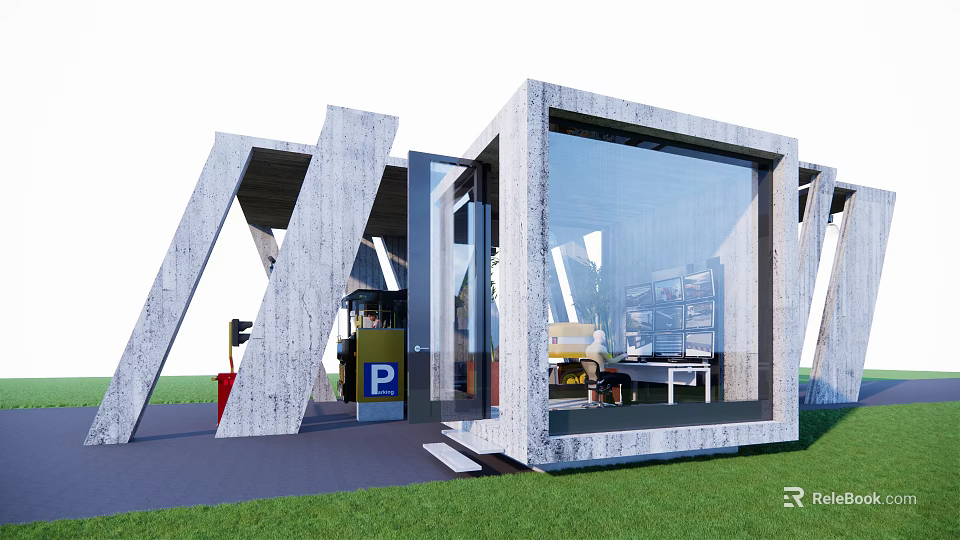 Modern Industrial Container Building With Unique Structure Glass Curtain Wall And Grassland Surroundings 3d model 