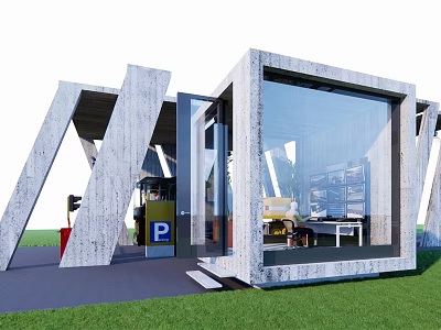 Modern Industrial Container Building With Unique Structure Glass Curtain Wall And Grassland Surroundings 3d model