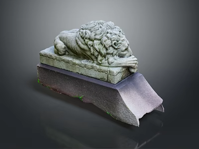 Detailed Stone Lion Statue Lying On Carved Stone Pedestal With Ancient Design 3d model