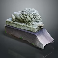Detailed Stone Lion Statue Lying On Carved Stone Pedestal With Ancient Design