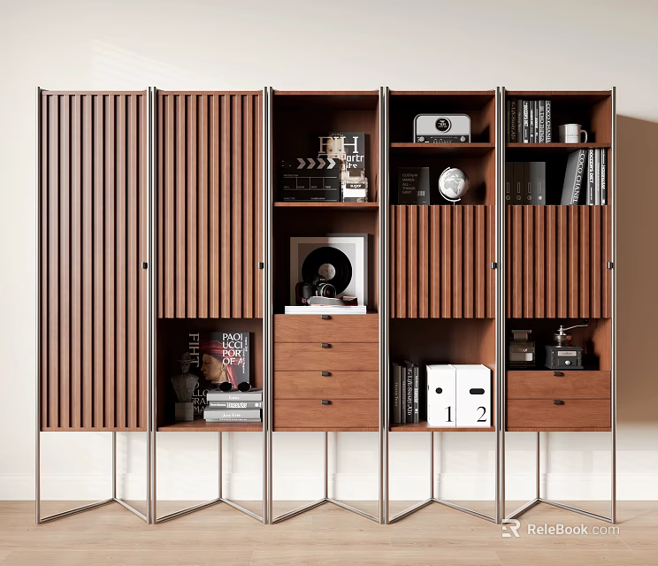Modern Wooden Bookcase Featuring Vertical Slats Metal Frame Shelves With Books Decorative Items And Drawers 3d model 