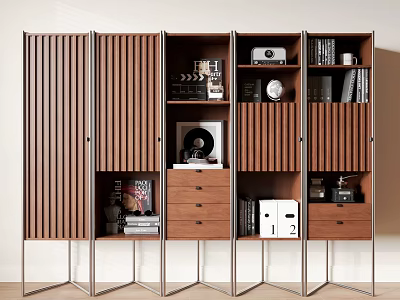 Modern Wooden Bookcase Featuring Vertical Slats Metal Frame Shelves With Books Decorative Items And Drawers 3d model