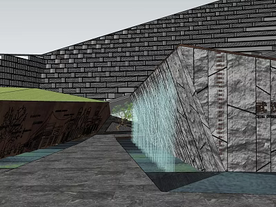Modern Sales Office Building With Unique Stone Facade Water Feature And Entrance Path Design 3d model