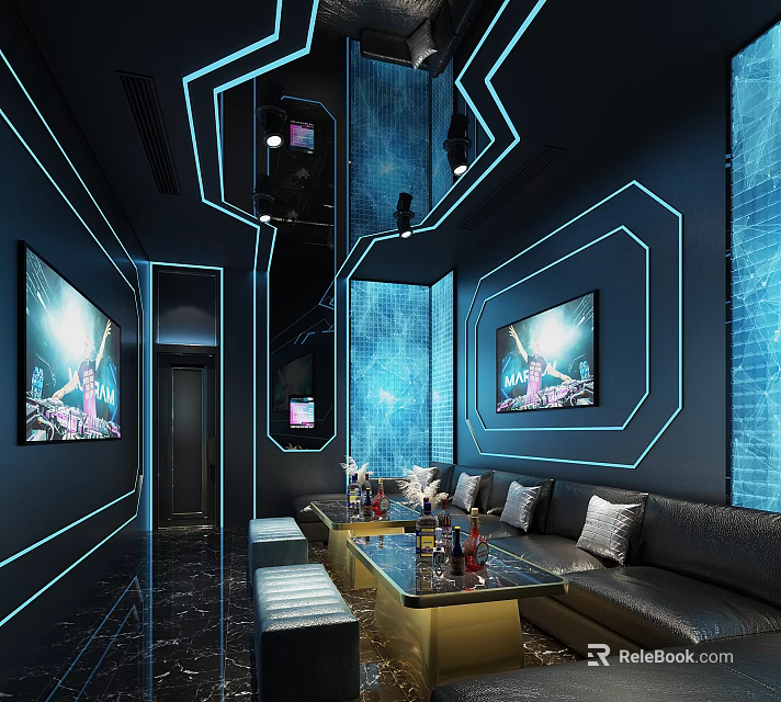 Modern KTV Room Interior Design With LED Lighting Leather Sofa And Wall Art 3d model