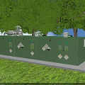 Green Industrial Equipment Modular Units With Warning Signs In Outdoor Setting