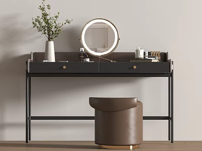 Modern Black Dressing Table with Round Lighted Mirror Vase Greenery and Brown Leather Stool 3d model