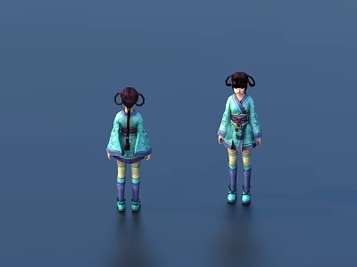 Game Movie Character Ancient Style with Light Blue Outfit Double Loop Hairstyle Front Back Views 3d model